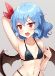  1girl 60mai arm_up armpits bangs bare_arms bare_shoulders bat_wings bikini black_bikini blue_hair blush breasts collarbone commentary eyebrows_visible_through_hair fang grey_background hair_between_eyes hair_ribbon hand_up highleg highleg_bikini looking_at_viewer navel no_hat no_headwear open_mouth red_eyes red_ribbon remilia_scarlet ribbon short_hair simple_background small_breasts solo stomach swimsuit touhou upper_body wings 