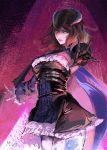  1girl artist_request black_hair bloodstained:_ritual_of_the_night blue_eyes breasts brown_hair detached_sleeves gauntlets gradient_hair hair_between_eyes hair_ornament highres horns looking_at_viewer miriam_(bloodstained) multicolored_hair pale_skin short_hair solo stained_glass 
