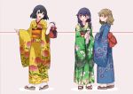  3girls bag bandaged_arm bandages black_eyes black_hair blue_hair blue_kimono brown_eyes brown_hair closed_mouth green_kimono hammer_(sunset_beach) hanamonogatari higasa_seiu japanese_clothes kanbaru_suruga kimono long_hair low_twintails monogatari_(series) multiple_girls numachi_rouka open_mouth orange_eyes sandals short_hair smile socks standing tabi twintails yellow_kimono 