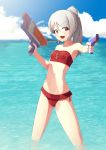  1girl aiming bikini bikini_day blurry blurry_background breasts day eyebrows_visible_through_hair eyes_visible_through_hair frilled_bikini frills gun highres holding holding_gun holding_weapon navel ocean original outdoors ponytail putchers red_eyes silver_hair small_breasts solo strapless swimsuit virtual_youtuber wading water_gun weapon 