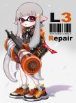  1girl :o bangs barcode black_coat black_neckwear black_shorts blunt_bangs collared_shirt commentary cross-laced_footwear domino_mask earrings english_text full_body grey_hair hair_ornament holding holding_weapon hooded_coat inkling jewelry l-3_nozzlenose_(splatoon) light_blush light_particles long_hair long_sleeves maco_spl mask neck_ribbon orange_footwear parted_lips pointy_ears red_eyes ribbon shadow shirt shoes short_shorts shorts sneakers socks solo sparkle splatoon_(series) splatoon_2 stud_earrings tentacle_hair very_long_hair weapon white_legwear x_hair_ornament 