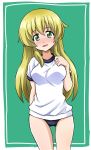  1girl arm_behind_back bangs blonde_hair blue_buruma blush buruma carpaccio commentary cowboy_shot eyebrows_visible_through_hair girls_und_panzer green_background green_eyes gym_shirt gym_uniform hand_on_own_chest highres ken_(haresaku) long_hair looking_at_viewer open_mouth outside_border shirt smile solo standing t-shirt thighs white_shirt 