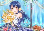  1girl absurdres bangs blue_dress blue_hair blush bouquet choker commentary_request dress eyebrows_visible_through_hair flower hair_between_eyes hair_ornament highres holding holding_bouquet long_hair looking_at_viewer love_live! love_live!_school_idol_festival love_live!_school_idol_project open_mouth petals plaid plaid_dress rin5325 smile solo sonoda_umi water waterfall yellow_eyes 