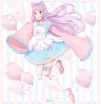  1girl apron artist_name balloon bangs blue_blow blue_dress blue_eyes bow braid bubble commentary commission deviantart_logo double_bun dress english_commentary eyebrows_visible_through_hair full_body heart highres instagram_logo kneehighs long_hair long_sleeves looking_at_viewer original pink_hair pink_ribbon puppypaww ribbon sleeves_past_fingers sleeves_past_wrists smile solo striped striped_background twitter_logo white_apron white_legwear wide_sleeves 