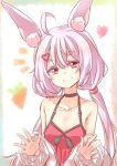  1girl ahoge animal_ear_fluff animal_ears camisole choker hair_ornament hairclip jacket long_hair low_twintails off_shoulder pink_eyes pink_hair rabbit_ears red_camisole smile solo tomari_mari tomari_mari_channel twintails upper_body very_long_hair virtual_youtuber waving white_jacket 