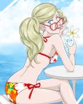  1girl :p a_ichi_monko ass atlus back bikini blonde_hair blue_eyes cute drink drinking_glass drinking_straw female_focus female_swimwear floral_print flower looking_at_viewer megami_tensei persona persona_5 sitting solo summer sunglasses swimsuit takamaki_anne tongue_out twintails wink 