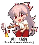  1girl :d bangs bird bow chibi chicken chinese_commentary chinese_text collared_shirt commentary_request cowboy_shot english_text engrish_text eyebrows_visible_through_hair fujiwara_no_mokou hair_between_eyes hair_bow long_hair meme multi-tied_hair open_mouth pants pink_hair puffy_short_sleeves puffy_sleeves ranguage red_pants shangguan_feiying shirt short_sleeves sidelocks smile standing suspenders suspenders_slip touhou translated very_long_hair white_background white_bow white_shirt 