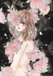  1girl blue_background brown_eyes brown_hair cherriuki crescent_moon flower highres long_hair looking_at_viewer moon nude one_eye_covered original parted_lips petals solo traditional_media upper_body watercolor_(medium) watermark web_address 