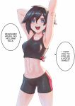  1girl armpits arms_up arqa backlighting bike_shorts black_hair breasts commission cowboy_shot english_text fang grey_eyes looking_at_viewer midriff open_mouth ruby_rose rwby short_hair small_breasts solo sports_bra standing stomach stretch toned 