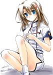  1girl blue_eyes blush brown_hair closed_mouth commentary dated dress eyebrows_visible_through_hair hair_ornament hairclip head_tilt lanyard legs long_hair lyrical_nanoha mahou_senki_lyrical_nanoha_force medium_hair nurse pen san-pon short_dress short_sleeves side_slit sitting socks twitter_username white_dress white_legwear x_hair_ornament yagami_hayate 