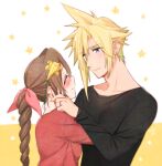  1boy 1girl aerith_gainsborough black_shirt blonde_hair blue_eyes blush bow brown_hair closed_eyes closed_mouth cloud_strife collarbone couple drill_ponytail final_fantasy final_fantasy_vii flower hair_bow hair_flower hair_ornament hetero jewelry krudears long_hair long_sleeves looking_at_another pink_bow red_shirt ring shirt smile spiky_hair upper_body white_background yellow_flower 