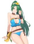  1girl bare_shoulders bikini blue_bikini breasts brown_choker center_opening choker cute earrings fire_emblem fire_emblem:_rekka_no_ken fire_emblem_heroes flower green_eyes green_hair hair_flower hair_ornament highres intelligent_systems invisible_chair j@ck jewelry large_breasts long_hair looking_at_viewer lyn_(fire_emblem) lyndis_(fire_emblem) moe navel nintendo parted_lips ponytail rope sash shimenawa simple_background sitting smile solo strapless strapless_bikini super_smash_bros. swimsuit very_long_hair white_background 