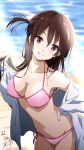  1girl adjusting_hair bangs bare_shoulders beach bikini blush breasts brown_eyes brown_hair collarbone dated eyebrows_visible_through_hair from_above hand_on_hip head_tilt highres jacket kanojo_okarishimasu large_breasts looking_at_viewer midriff mizuhara_chizuru navel nii_manabu pink_bikini side-tie_bikini side_ponytail smile solo swept_bangs swimsuit 