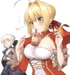  2girls artoria_pendragon_(all) bangs black_bow black_dress blonde_hair bow braid breasts brown_hair bubble_tea bubble_tea_challenge cup disposable_cup dress drinking drinking_straw epaulettes eyebrows_visible_through_hair fate/extra fate/stay_night fate_(series) flying_sweatdrops green_eyes hair_between_eyes hair_bow hair_bun hair_intakes hands_up highres juliet_sleeves large_breasts long_sleeves multiple_girls nero_claudius_(fate) nero_claudius_(fate)_(all) object_on_breast puffy_sleeves red_bow red_dress saber_alter sidelocks simple_background translated white_background wide_sleeves yayoimaka03 