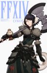  1girl au_ra axe bangs bird black_hair braid commission dragon_horns dragon_tail elbow_gloves final_fantasy final_fantasy_xiv fingerless_gloves french_braid gloves grey_eyes hip_armor holding holding_weapon horns jewelry necklace scales short_hair smile solo swept_bangs tail twitter_username unsomnus weapon white_background 