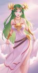  1girl absurdres awan0918 bare_shoulders blush breasts clouds cute dress goddess green_eyes green_hair highres jewelry kid_icarus large_breasts lips long_hair looking_at_viewer moe necklace nintendo nintendo_ead open_mouth palutena palutena_no_kagami parted_lips single_thighhigh sky smile solo sora_(company) super_smash_bros. thigh-highs tiara very_long_hair 