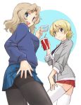  bangs black_legwear black_neckwear blazer blonde_hair blouse blue_eyes blue_skirt blue_sweater braid closed_mouth collared_blouse commentary_request cosplay costume_switch cup darjeeling disposable_cup dress_shirt drinking_straw eyebrows_visible_through_hair from_side girls_und_panzer grey_jacket hair_intakes hand_on_hip hand_on_own_thigh holding holding_cup jacket kay_(girls_und_panzer) lifted_by_self light_blush long_hair long_sleeves looking_at_viewer looking_back miniskirt necktie open_clothes open_jacket open_mouth pantyhose pleated_skirt red_skirt saunders_school_uniform school_uniform shirt short_hair skirt skirt_lift sleeves_rolled_up smile st._gloriana&#039;s_school_uniform standing sweater teacup thigh-highs tied_hair uona_telepin v-neck white_blouse white_legwear white_shirt 