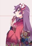  1girl bakemonogatari blue_eyes breasts closed_mouth flower hair_flower hair_ornament hammer_(sunset_beach) japanese_clothes kimono long_hair medium_breasts monogatari_(series) purple_hair red_kimono senjougahara_hitagi solo stapler very_long_hair 