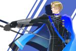  1boy blonde_hair blue_eyes cape dimitri_alexandre_bladud_(fire_emblem) fire_emblem fire_emblem:_three_houses gloves male_focus polearm solo spear sword teeth weapon white_background 