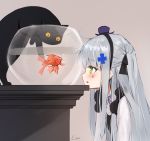  1girl animal ankkoyom blue_hair blush bow bowtie cat facial_mark fish fishbowl girls_frontline goldfish green_eyes hat hk416_(girls_frontline) long_hair open_mouth solo water 