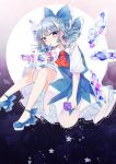  1girl absurdres ascot blue_background blue_bow blue_eyes blue_flower blue_footwear blue_hair blue_skirt blue_vest bow cirno commentary_request feet_out_of_frame flower frilled_shirt_collar frills gradient gradient_background hair_bow highres ice ice_wings katai_(nekoneko0720) knees_up looking_at_viewer petals puffy_short_sleeves puffy_sleeves purple_background purple_flower red_neckwear shirt shoes short_hair short_sleeves skirt skirt_set solo star touhou vest white_shirt wings 