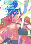  abs baggy_pants black_gloves blue_eyes blue_hair chest galo_thymos gloves holding jacket male_focus matoi num_(zombie_headline) pants promare shirtless smile spiky_hair 
