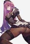  1girl all_fours ass bodysuit breasts fate/grand_order fate_(series) garter_straps hair_intakes headdress highres long_hair looking_at_viewer purple_hair scathach_(fate)_(all) scathach_(fate/grand_order) sidelocks skindentation solo thigh-highs vic violet_eyes 
