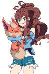  1girl 1other ahoge animal blue_eyes blue_jacket brown_hair creatures_(company) curly_hair cute denim denim_shorts fang flame_(specie) flareon floatingapple game_freak gen_1_pokemon high_ponytail highres holding holding_animal human jacket long_hair nintendo olm_digital pokemon pokemon_(creature) pokemon_bw pokemon_lgpe pokemon_masters shirt short_shorts shorts sidelocks simple_background skin_fang standing touko_(pokemon) very_long_hair wavy_hair white_background white_shirt 