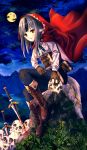  1girl animal_ears black_hair blood boots brown_gloves fire_emblem fire_emblem_fates full_body fuussu_(21-kazin) gloves grass grey_hair highres holding hood hood_up long_hair long_sleeves moon night night_sky parted_lips red_eyes rock sitting skull sky solo sword tail velouria_(fire_emblem) weapon wolf_ears wolf_tail 