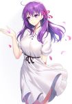  1girl arm_behind_back bangs breasts closed_mouth collared_dress commentary_request dress eyebrows_visible_through_hair fate/stay_night fate_(series) hair_between_eyes hair_ribbon hand_up head_tilt highres long_hair matou_sakura medium_breasts petals pink_ribbon puffy_short_sleeves puffy_sleeves purple_hair revision ribbon ririko_(zhuoyandesailaer) short_sleeves simple_background smile solo violet_eyes white_background white_dress 