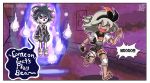  1boy 1girl artist_name barefoot black_hair bow collared_shirt english_text fleeing floating floating_boy_chasing_running_boy gloves gym_leader hair_bow hairband hallway highres long_sleeves meme mimikyu onion_(pokemon) open_mouth pokemon pokemon_(game) pokemon_swsh poster_(object) purple_background round_teeth running saitou_(pokemon) shirt short_hair short_sleeves shorts single_glove stoic_seraphim suspenders tears teeth twitter_username white_footwear white_hair 