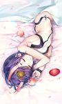  1girl bangs bare_shoulders bed_sheet blush bob_cut breasts butt_crack closed_eyes commentary cup eyeliner fate/grand_order fate_(series) food fruit hair_ornament horns kaguyuzu lying makeup on_side oni oni_horns peach purple_hair sakazuki short_eyebrows short_hair shuten_douji_(fate/grand_order) signature sleeping small_breasts smile solo violet_eyes 