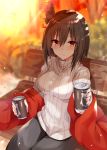  1girl bangs bench black_pants blurry blurry_background blush bokukawauso brown_hair can closed_mouth commentary_request day depth_of_field eyebrows_visible_through_hair hair_between_eyes hair_ornament holding holding_can kantai_collection kinona long_sleeves looking_at_viewer on_bench outdoors pants park_bench red_eyes ribbed_sweater sidelocks sitting solo sweater v-shaped_eyebrows white_sweater yamashiro_(kantai_collection) 