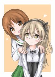  2girls :d bangs black_neckwear black_ribbon black_skirt blouse blush bow bowtie box brown_eyes brown_hair casual closed_mouth collared_shirt commentary eyebrows_visible_through_hair girls_und_panzer green_skirt hair_ribbon hands_on_another&#039;s_shoulders heart-shaped_box high-waist_skirt highres langley1000 light_brown_eyes light_brown_hair long_hair long_sleeves looking_at_another looking_at_viewer looking_back miniskirt multiple_girls neckerchief nishizumi_miho one_side_up ooarai_school_uniform open_mouth orange_background outside_border pleated_skirt ribbon school_uniform serafuku shimada_arisu shirt short_hair skirt smile standing suspender_skirt suspenders upper_body v_arms white_blouse white_shirt 