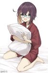  1girl black_hair blue-framed_eyewear brown_hair commentary_request glasses green_eyes jinbei_(clothes) kantai_collection looking_at_viewer multicolored_hair okinami_(kantai_collection) pillow pillow_hug pink_hair short_hair simple_background sitting sleepwear smile solo wariza white_background yamashiki_(orca_buteo) 