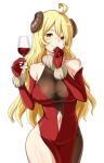  1girl ahoge bangs bare_shoulders blush breasts character_request collarbone commentary_request copyright_request cup dress drinking_glass elbow_gloves gloves green_eyes hair_between_eyes highres horns large_breasts looking_at_viewer navel red_dress red_gloves red_wine simple_background smile solo white_background wine_glass zaxwu 