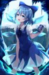  1girl :d bangs black_neckwear black_ribbon blue_bow blue_dress blue_eyes blue_hair bow can chinese_commentary cirno commentary_request dress eyebrows_visible_through_hair feet_out_of_frame hair_between_eyes hair_bow hand_up highres holding holding_can ice ice_wings looking_at_viewer medium_hair neck_ribbon open_mouth pinafore_dress puffy_short_sleeves puffy_sleeves ribbon shirt short_sleeves smile snozaki solo standing touhou white_shirt wings 