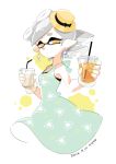  +_+ 1girl artist_name bangs black_border border bow brown_headwear closed_mouth commentary cowboy_shot cup dated disposable_cup domino_mask dress drinking_straw earrings green_dress grey_hair half-closed_eyes hat hat_bow holding holding_cup hotaru_(splatoon) iced_tea jewelry light_frown looking_at_viewer mask meco medium_dress mini_hat mole mole_under_eye no_legs offering pointy_ears porkpie_hat print_dress short_hair signature simple_background sleeveless sleeveless_dress solo splatoon_(series) standing straw_hat swept_bangs tentacle_hair white_background 
