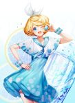  1girl absurdres blonde_hair blue_dress blue_eyes blue_neckwear capelet commentary contrapposto cowboy_shot dress drink food fruit glass hand_on_hip highres kagamine_rin lepoule looking_at_viewer neckerchief one_eye_closed smile solo vocaloid wristband 