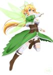  1girl blonde_hair boots braid brown_footwear fairy_wings freekenji422 full_body green_eyes green_wings highres leafa long_hair looking_at_viewer pointy_ears ponytail side_braid smile solo sword sword_art_online thigh-highs twin_braids very_long_hair weapon white_legwear wings 