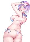  1girl arms_up ass bangs bikini blush breasts eyebrows_visible_through_hair eyes_visible_through_hair fate/grand_order fate_(series) hair_over_one_eye hand_on_own_head highres kanola_u large_breasts looking_at_viewer mash_kyrielight open_mouth purple_hair short_hair side-tie_bikini simple_background solo swimsuit violet_eyes white_background white_bikini 