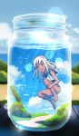  1girl :d blue_eyes blue_sky blurry bottle clouds cloudy_sky commentary_request depth_of_field flower hair_flower hair_ornament in_bottle in_container kantai_collection leg_hug long_hair looking_at_viewer open_mouth ro-500_(kantai_collection) school_swimsuit school_uniform serafuku silver_hair sky smile solo submerged swimsuit tan tanline tsukemon 