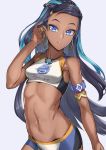  1girl armlet black_hair blue_eyes blue_hair collarbone dark_skin earrings groin hand_in_hair hank10111213 highlights jewelry looking_at_viewer multicolored_hair navel necklace o-ring parted_lips pokemon pokemon_(game) pokemon_swsh rurina_(pokemon) simple_background solo sports_bikini standing two-tone_hair white_background 