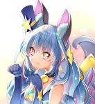  1girl absurdres animal_ears blue_gloves blue_hair blue_headwear closed_mouth collar cure_cosmo elbow_gloves eyebrows_visible_through_hair fang fang_out fox_ears fox_tail gloves grey_eyes hair_between_eyes highres long_hair paw_pose precure simple_background solo star_hat_ornament star_twinkle_precure tail upper_body very_long_hair white_background yuni_(precure) yuutarou_(fukiiincho) 