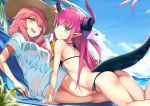  2girls animal_ears ass asymmetrical_horns back bangs bare_shoulders beach beach_chair bikini black_bikini blue_eyes blue_sky blush breasts closed_mouth curled_horns dragon_tail ears_through_headwear elizabeth_bathory_(fate)_(all) fate/extra fate/extra_ccc fate/grand_order fate_(series) fox_ears fox_girl hair_between_eyes hat horns large_breasts long_hair looking_at_viewer lying multiple_girls open_mouth pink_hair pointy_ears sakimiya_mafu shirt sky small_breasts smile swimsuit tail tamamo_(fate)_(all) tamamo_no_mae_(swimsuit_lancer)_(fate) thighs two_side_up wet wet_clothes wet_shirt yellow_eyes 