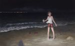  1girl :d arms_up bangs barefoot beach blurry blush bokeh brown_hair can city_lights closed_eyes clouds cloudy_sky depth_of_field facing_viewer fjsmu flip-flops footprints footwear_removed head_tilt highres holding holding_can male_swimwear night ocean open_mouth original outdoors sandals short_hair sky smile solo standing swept_bangs swim_trunks swimwear tank_top wide_shot wind wind_lift 