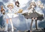  4girls :d alina_(girls_und_panzer) alternate_costume animal_ears arm_up bandages bangs black_dress black_footwear black_gloves black_legwear black_ribbon black_skirt blonde_hair blue_eyes boko_(girls_und_panzer) brown_eyes brown_hair brown_headwear bunny_tail chibi closed_mouth clouds cloudy_sky commentary_request copyright_name day dress elbow_gloves eyebrows_visible_through_hair fang fingerless_gloves floating fur_hat girls_und_panzer gloves green_jacket grey_sky ground_vehicle haiiro_purin hair_ribbon hat highres holding holding_weapon jacket katyusha kemonomimi_mode kneehighs light_brown_hair long_hair long_sleeves looking_at_viewer magical_girl medium_dress military military_vehicle motor_vehicle multiple_girls nina_(girls_und_panzer) object_behind_back official_art on_vehicle one_side_up open_mouth outdoors overskirt paw_gloves paws pleated_skirt rabbit_ears ribbon school_uniform shimada_arisu shoes short_hair short_jumpsuit short_twintails skirt sky sleeveless sleeveless_dress sleeveless_jumpsuit smile socks standing stuffed_animal stuffed_toy sunlight tail tank teddy_bear thigh-highs tree twintails ushanka watermark weapon white_footwear white_gloves white_jumpsuit white_legwear white_skirt wrist_cuffs 
