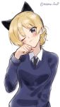  1girl :3 animal_ears bangs black_neckwear blonde_hair blue_eyes blue_sweater braid cat_ears closed_mouth commentary darjeeling dress_shirt eyebrows_visible_through_hair fake_animal_ears girls_und_panzer head_tilt highres long_sleeves looking_at_viewer mamu_t7s necktie one_eye_closed paw_pose school_uniform shirt short_hair simple_background smile solo st._gloriana&#039;s_school_uniform sweater tied_hair twitter_username upper_body v-neck white_background white_shirt wing_collar 