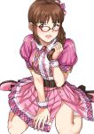  1girl :d akizuki_ritsuko antenna_hair bow braid brown_eyes brown_hair dress_shirt glasses hair_bow hair_over_shoulder highres idolmaster idolmaster_(classic) idolmaster_stella_stage kneehighs long_hair looking_at_viewer miniskirt open_mouth pink_bow pink_footwear pink_skirt pink_sleeves pleated_skirt red-framed_eyewear shirt short_sleeves side_slit simple_background single_braid sitting skirt smile solo striped_sleeves tsurui wariza white_background white_legwear white_shirt 