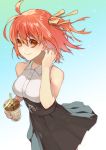  ahoge bangs bare_shoulders black_skirt blue_background breasts bubble_tea commentary_request eyebrows_visible_through_hair fate/grand_order fate_(series) fujimaru_ritsuka_(female) hair_between_eyes hair_ribbon holding large_breasts looking_at_viewer one_side_up orange_eyes orange_hair orange_ribbon pleated_skirt ribbon rkp shirt side_ponytail simple_background skirt smile white_background white_shirt 